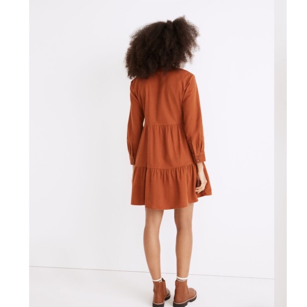 Madewell Flannel Button-Placket Tiered Mini Dress‎ Warm Nutmeg XXL - Picture 3 of 8